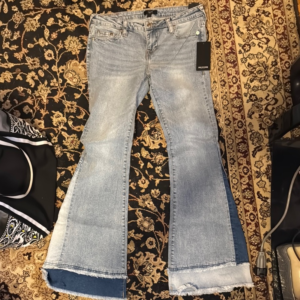 True Religion Light Blue Flare Jeans with Dark Blue Accents Size 29x33